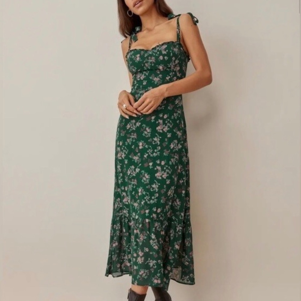 Reformation Green Floral Midi Dress